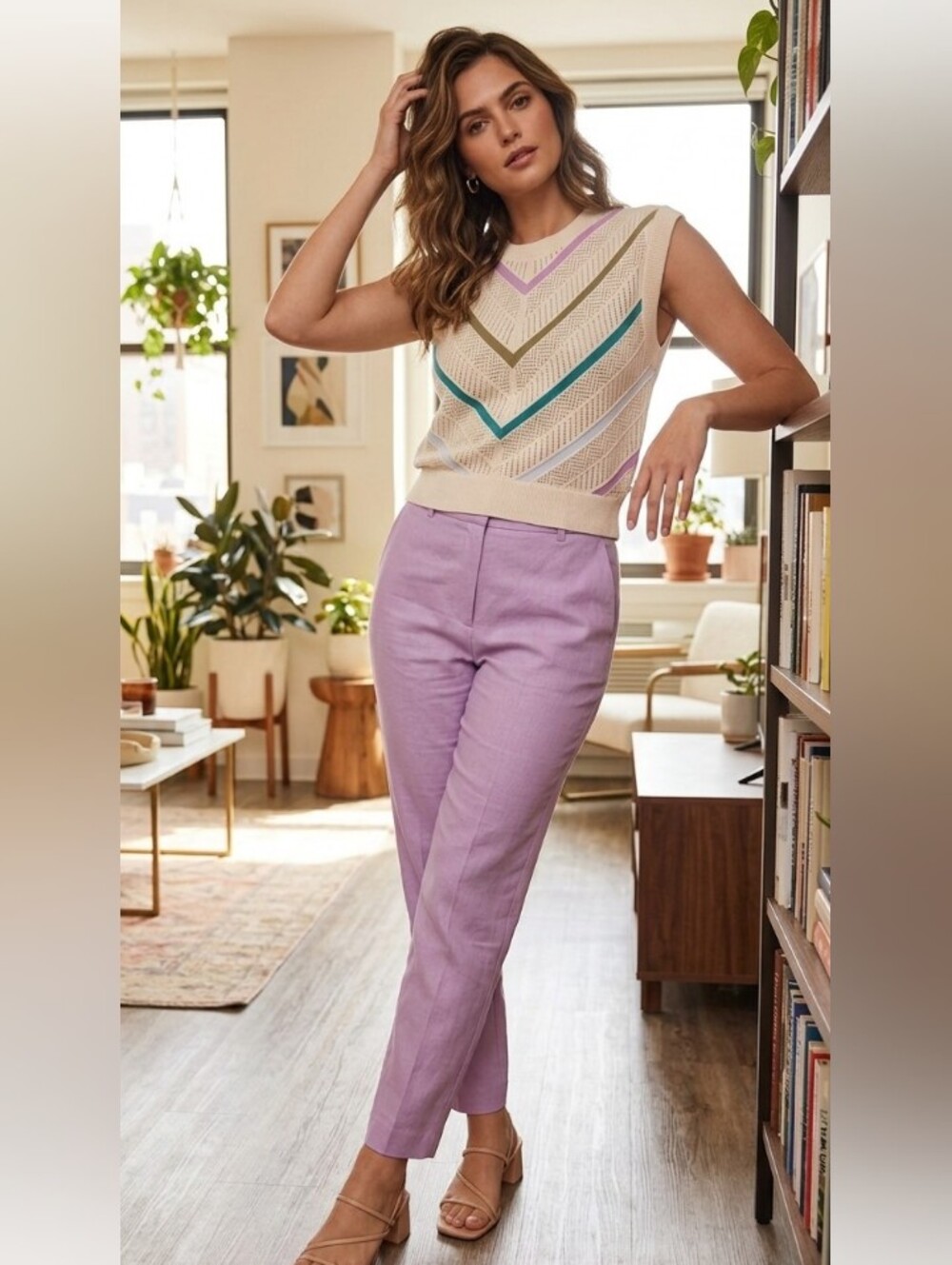 LOFT Lavender Straight-Leg Pants with Cream Chevron Knit Vest